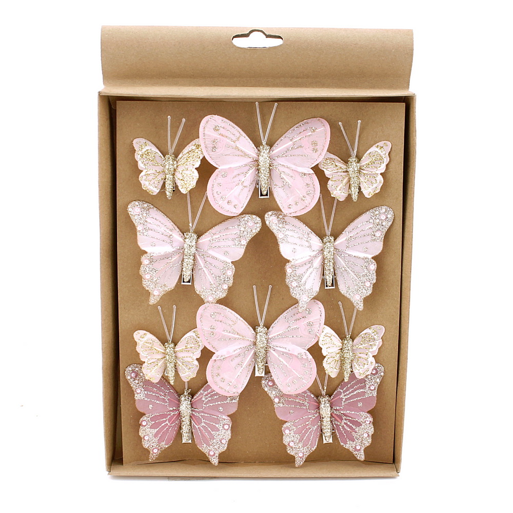 mit rosa Glitter Stück 2 Größen, mit Clip Schmetterlinge 10 MIX 806